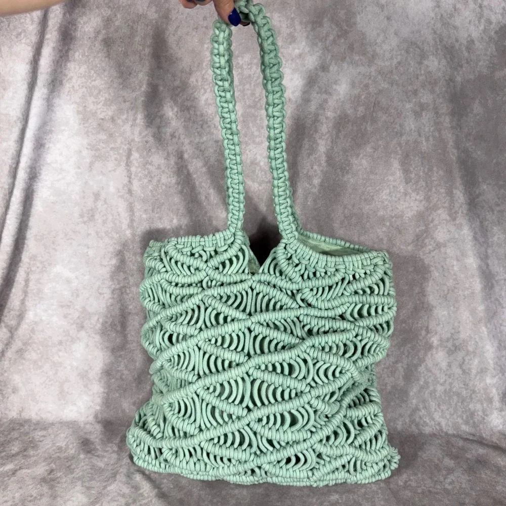 C&C California Macrame Tote Bag Sage Green Mint Knotted Boho Shoulder Bag NWOT